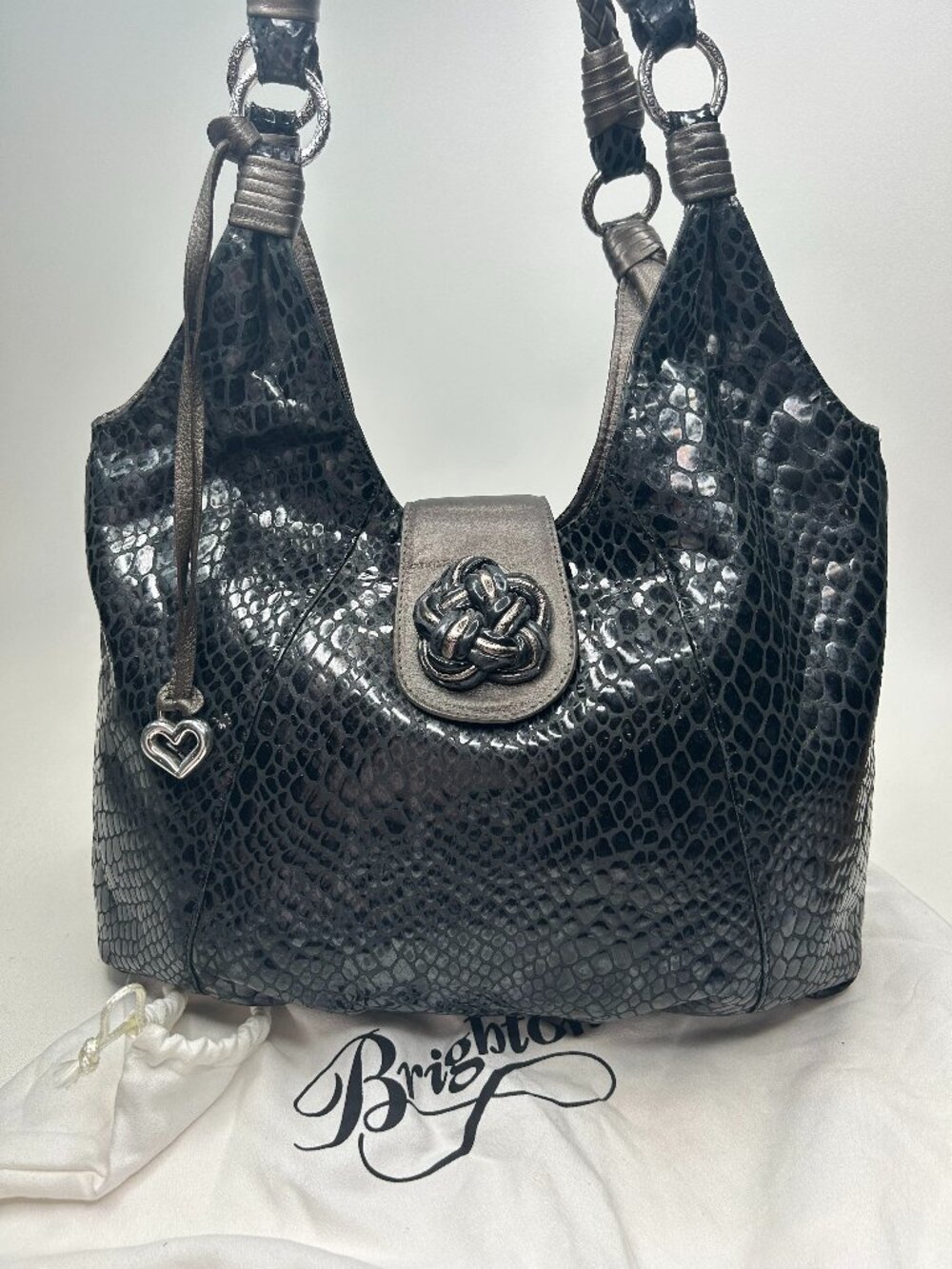 BRIGHTON Black Patent Snakeskin Embossed Leather Women's Hobo Shoulder Bag